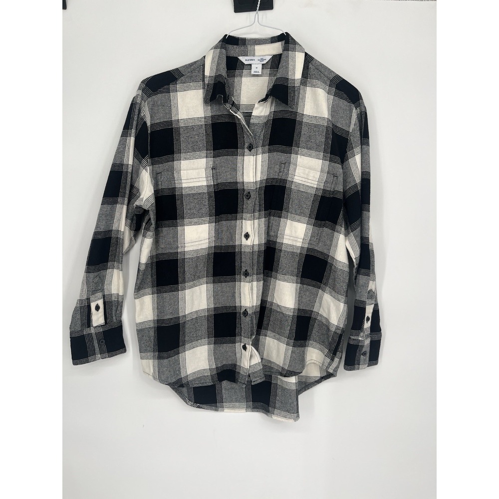 Old Navy Plaid Flannel Boyfriend Shirt, Black Buffalo Plaid, Size M Medium